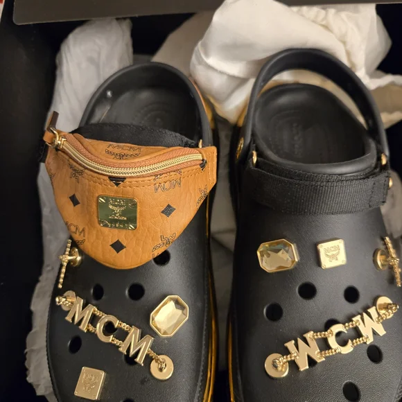 MCM Black and Gold Men's Sandals with Tan Accents - Picture 2 of 5